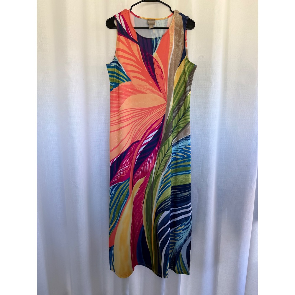 Chico's Tropical Print Maxi Dress Sleeveless Size M Travel Resort Beach